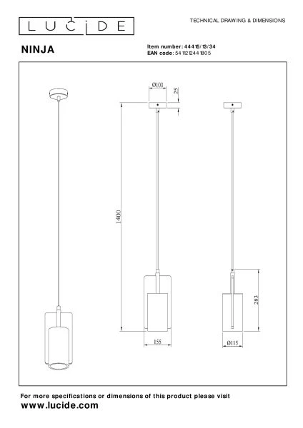 Lucide NINJA - Lámpara colgante - Ø 11,5 cm - 1xE27 - Amarillo - técnico